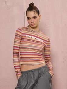 COUREZ 标语长袖条纹上衣/Y2K冬季女装外出上衣图案T恤 - 彩色 - 查看 1