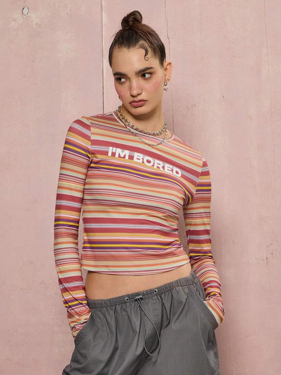 COUREZ 标语长袖条纹上衣/Y2K冬季女装外出上衣图案T恤 - 彩色 - 查看 1