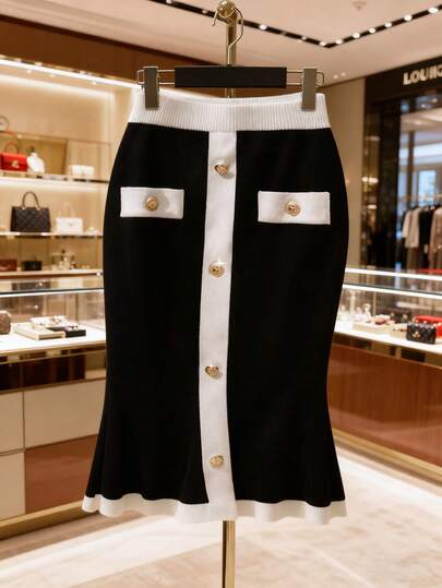 GlowEve Falda ajustado elegante, falda de estilo vintage minimalista con botones de metal en contraste blanco y negro, adecuada para ir al trabajo y reuniones