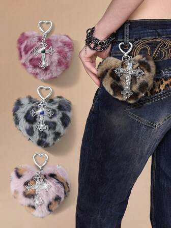 1pc Random Color Y2K Cute Retro Punk High-Value Goth Style Brown/Gray/Rose Red/Pink Plush Leopard Print Animal Pattern Heart Silver Rivet Hollow Floral Crystal Cross Decor DIY Keychain Bag Charm, Suitable For Sisters, Best Friends, Women, Ladies, Couples, Daily Wear, Holiday Gift