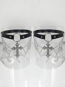 ROMWE Bộ 2 đai garter cho nữ kèm xích đen, họa tiết ngôi sao năm cánh, trang trí chữ thập rỗng, đai garter chân phong cách Gothic dùng cho đầm, váy, đa năng hàng ngày, Halloween - Vòng chân chữ thập màu đen - Xem 7