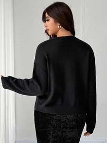 Dazy Plus Plus Size Women Sequin Bow V-Neck Loose Cropped Casual Christmas Sweater, Autumn/Winter - Black - View 2