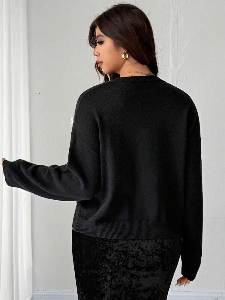 Dazy Plus Plus Size Women Sequin Bow V-Neck Loose Cropped Casual Christmas Sweater, Autumn/Winter