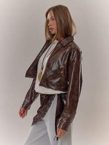 MUSERA Faux Snake Skin Leather Collar Cropped Zip Through Jacket Everyday Cosy Winter Brown - Coffee Brown - View 4