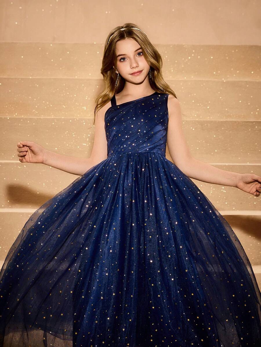 优雅奢华的海军蓝露背金属网眼长款修身无袖连衣裙，适合少女穿着，适合晚会、圣诞节、万圣节、返校、毕业典礼、表演、度假、婚礼、花童、舞会 - 藏蓝色 - 查看 1