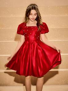 Tween Girls' Square Neck Puff Sleeve Pleated Rhinestone Elegant Halloween Christmas Party Dress - Red - View 3