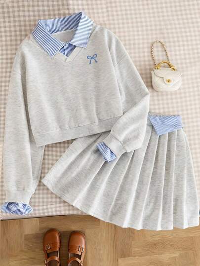 少女条纹领蝴蝶结印花长袖运动衫和百褶迷你裙休闲装，秋季