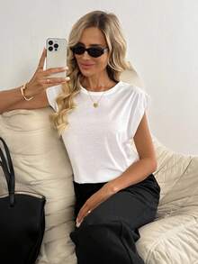 Easowa 3pcs Set Casual Minimalist Round Neck Cap Sleeve Fitted Women T-Shirt, Suitable For Summer Summer - Multicolor - View 6