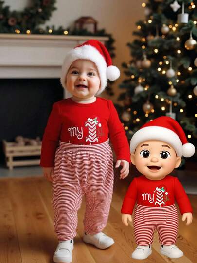 SHEIN 3pcs Baby Boy Christmas Outfit Set, Includes Romper With Cute Santa Claus Print & Hat, Perfect For Autumn/Winter Outings Fall