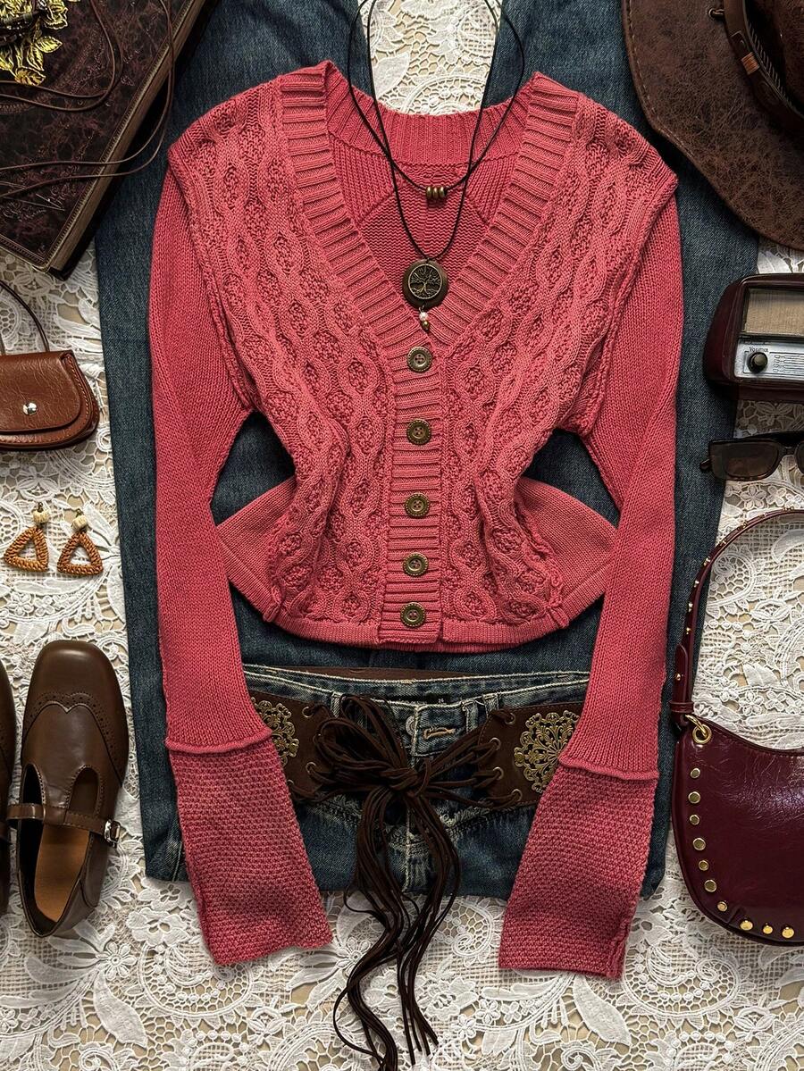 Easelle Cardigan Retro Wool Knitted Style Retro Red Twist Wool Knitted Autumn And Winter Nomadic Retro Fall Clothes Women Red Sweater Cardigan Washed Wool Vintage - Redwood - View 1