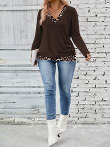 EMERY ROSE Nuova maglietta casual a maniche lunghe da donna per autunno/inverno, con colletto e orlo a stampa leopardata e patchwork, taglie comode