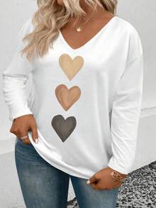 EMERY ROSE Women's V-Neck Cuff Flipped, Best-Selling Ombre Heart Print Casual Versatile Long Sleeve Plus Size T-Shirt