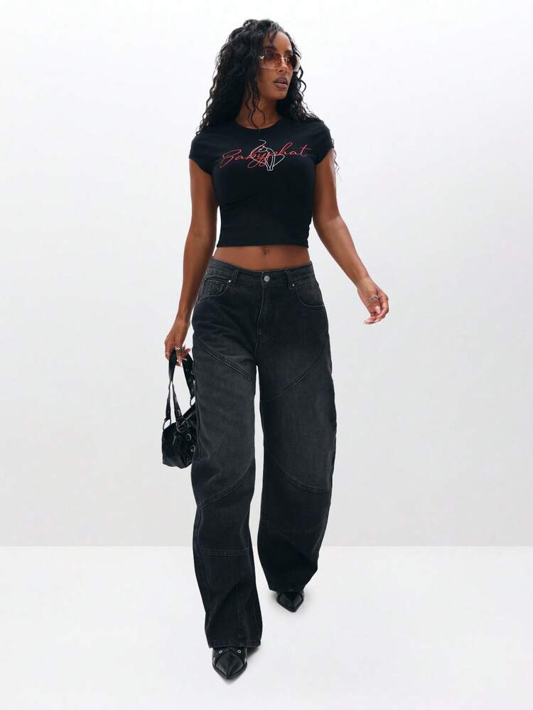 BABYPHAT T-shirt graphique à manches raglan avec logo imprimé en script, Top court à manches courtes pour le port casual en été