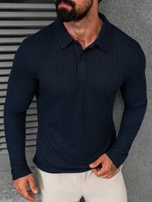 Manfinity Homme Men's Solid Color Ribbed Long Sleeve Polo Shirt,Navy Blue Autumn Casual Hiking Buttoned Knitted Tops - Blue - View 4