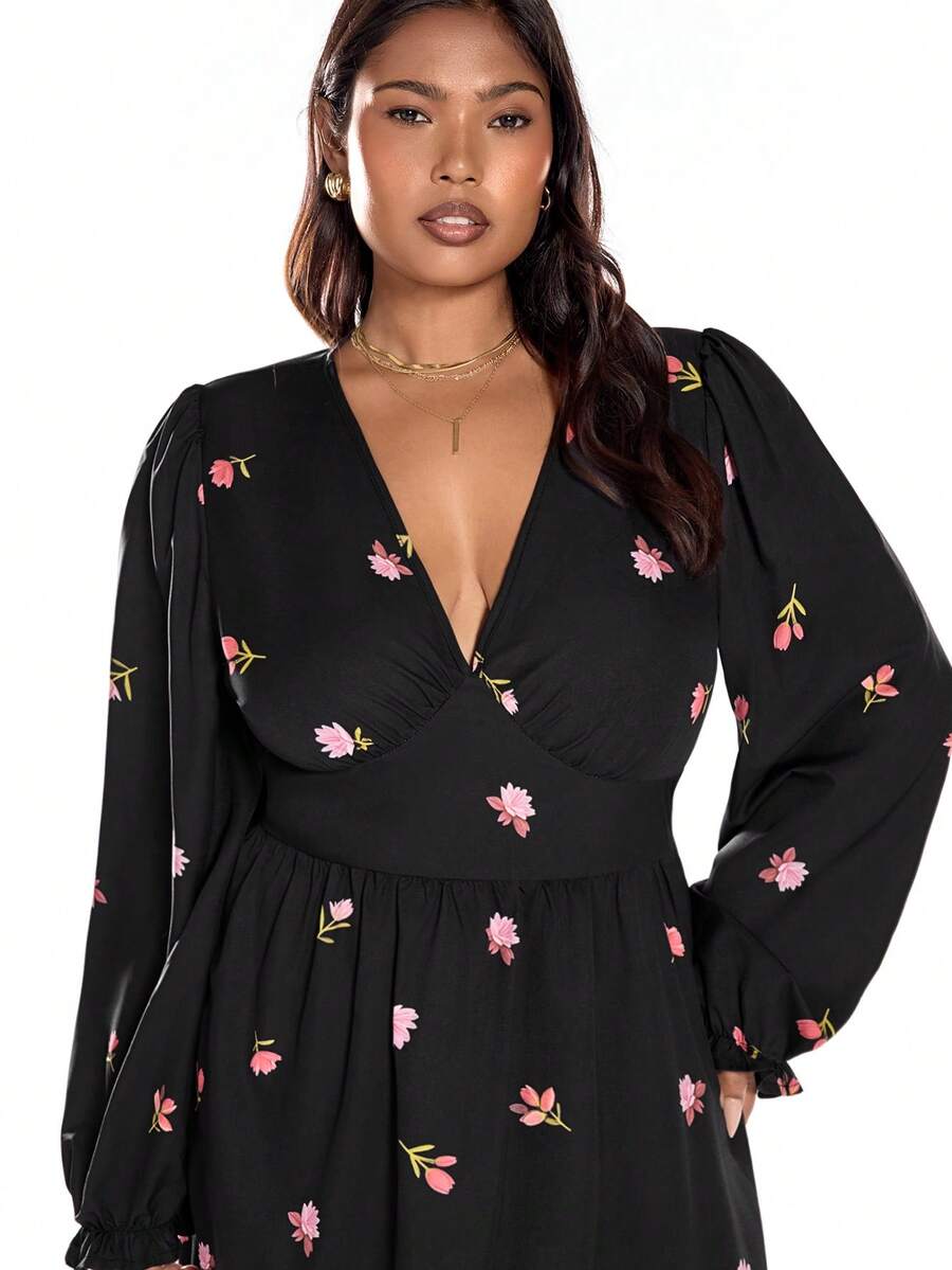 Solavibe Plus Size Fall/Winter Women's Casual Holiday Date Dress, Plus Size Fall/Winter Casual Vacation V-Neck Fitted A-Line Romantic Printed Women's Long-Sleeved Dress, Holiday Beach Dress, School Uniform, Very Simple Outfit, Women's Country Clothing, Office Attire, Old Money Attire, Teacher Attire, Date Attire, Graduation Season, Fall Women's Clothing, Plus Size Dress. - Multicolor - View 1