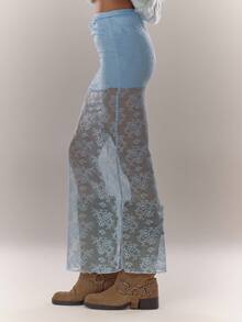 MUSERA Lace Overlay Maxi Skirt Going Out Everyday  Blue Summer - Blue - View 3