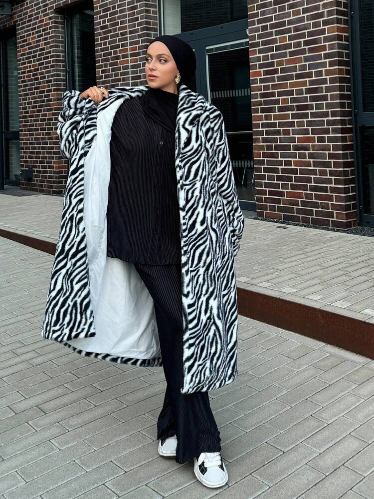 Zebra Print Thermal Lined Thick Warm Long Faux Fur Coat For Women