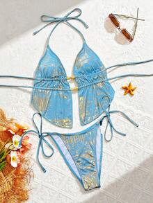 Swim SXY-D Metallic Spaghetti Strap Backless Tie Front Bikini Set, Sexy & Cute Women Beach Swimsuit - Multicolor - View 4