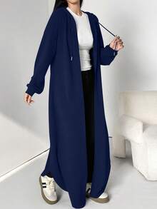 Al Najma Áo choàng Abaya Ả Rập dài có mũ trùm đầu, dây rút màu trơn thường ngày dành cho nữ, mùa xuân và mùa thu, Áo nỉ dài mặc thường ngày cho người Hồi giáo, Áo choàng Abaya, Thích hợp mặc hàng ngày/đến trường/du lịch - Màu xanh hải quân - Xem 1