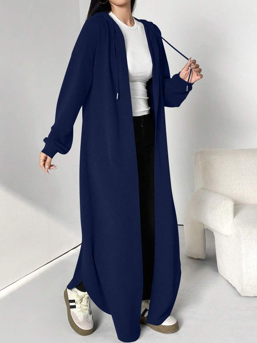 Al Najma Áo choàng Abaya Ả Rập dài có mũ trùm đầu, dây rút màu trơn thường ngày dành cho nữ, mùa xuân và mùa thu, Áo nỉ dài mặc thường ngày cho người Hồi giáo, Áo choàng Abaya, Thích hợp mặc hàng ngày/đến trường/du lịch - Màu xanh hải quân - Xem 1
