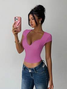 INAWLY Camiseta ajustada y sexy de mujer con cuello de corazón, mangas cortas con encaje y contraste de color - Rosa Fucsia - Ver 7