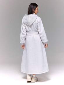 少女休闲百搭日常学院风字母印花连帽束腰长袖运动衫连衣裙 - 灰色 - 查看 2