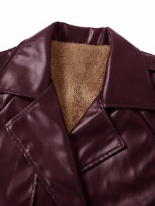 Ellevyn 安哥拉红色 PU 皮革纯色保暖内衬系带长袖长款风衣 - 酒紅色 - 查看 11