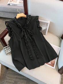 Franclia Damen Bluse in Große Größen mit rundem Ausschnitt, Rüschenkragen, ärmellos, Knopfleiste, elegant, vintage, süß, Lässig, figurbetont - Schwarz - Übersicht 5