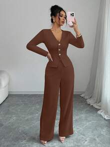 Selianne 女士优雅长袖西装外套和裤子套装，商务/通勤风格，适合夏季、独立日、毕业典礼、返校 - 棕色 - 查看 6