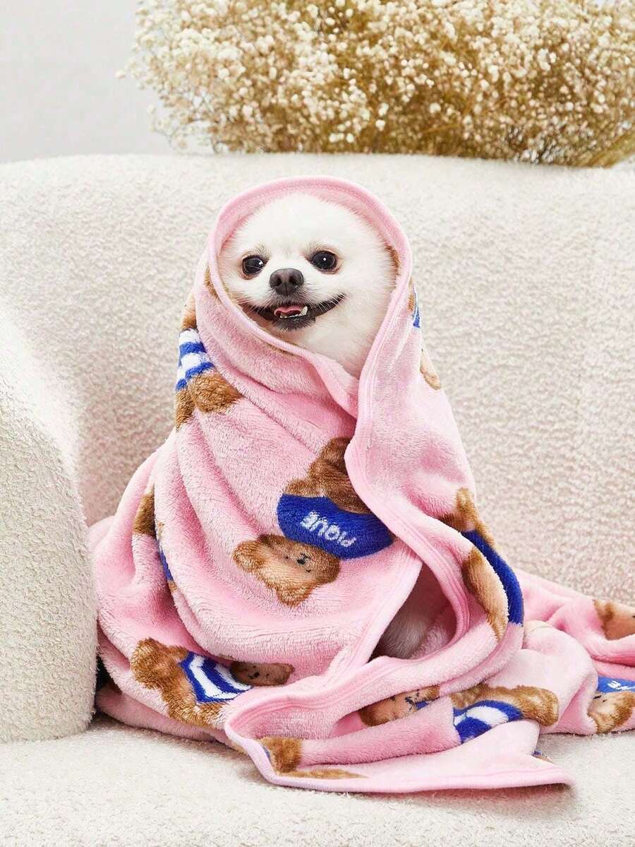 PETSIN Cute Pink Bear Printed Warm Pet Blanket - Pink - View 1