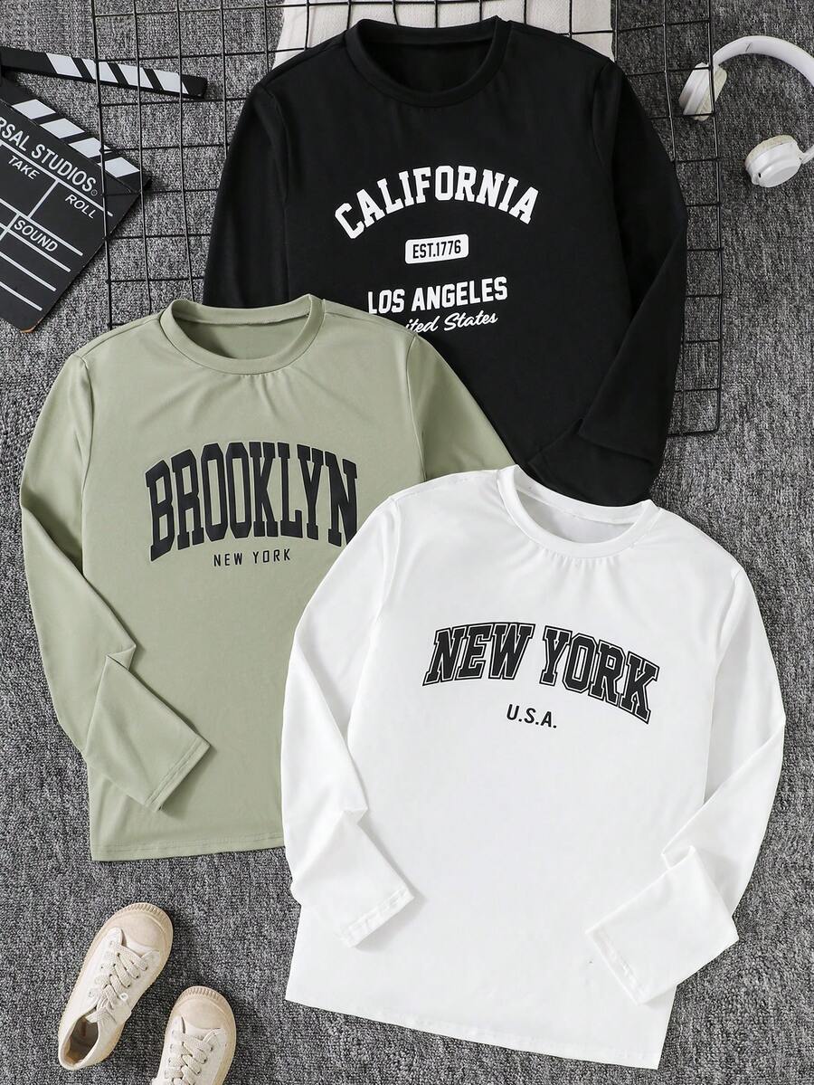 3 件套青少年男孩休闲字母印花圆领长袖 T 恤，适合秋冬季休闲、街头、通勤、分层穿着 - 彩色 - 查看 1