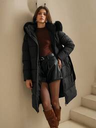 Anewsta Dam enfärgad långärmad dragkedja krage fuskpäls lapptäcke casual lång huva vinterjacka