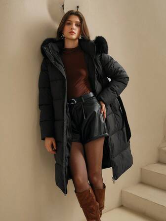 Anewsta Dam enfärgad långärmad dragkedja krage fuskpäls lapptäcke casual lång huva vinterjacka