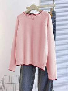 Franclia 休闲宽松圆领长袖针织撞色饰边插肩袖杏色女式套头衫，春秋 - 粉色 - 查看 3