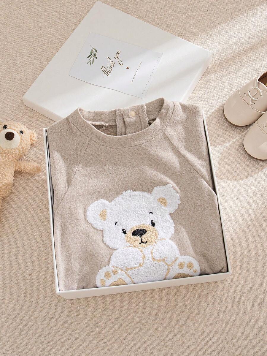 Souflis Souflis French Retro Cute Bear Pattern Beige Long Sleeve Jumpsuit, Suitable For Home, Outings, And Various Occasions, Unisex Baby Jumpsuit, Autumn/Winter Baby Jumpsuit Bear Mocha Baby Clothes - Apricot - View 1