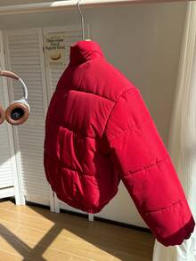 SHEIN 1pc Tween Girl Minimalist Solid Color Stand Collar Short Padded Coat, Winter - Burgundy - View 3