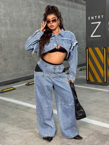 Jeanoix Plus Size Dam Casual Mode Street Chic Fransig Patchwork Drop Shoulder Lös Beskuren Jeansjacka - Mediumtvätt - Visa 5