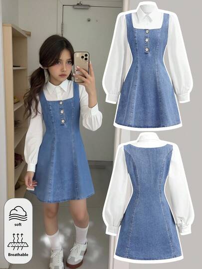 SHEIN Teen Girls Fashion Casual Y2k Vintage Cool Street Returns To School College Metal Flower Button Design Academy Court Elegant Style Blue Denim Patchwork White Lapel Puffed Sleeve Short Dress For Kids Clothes Teen Girls Costume Dailywear And Kids Winter And Fall Rave Outfits Festival And Outfits Streetwear School Clothes