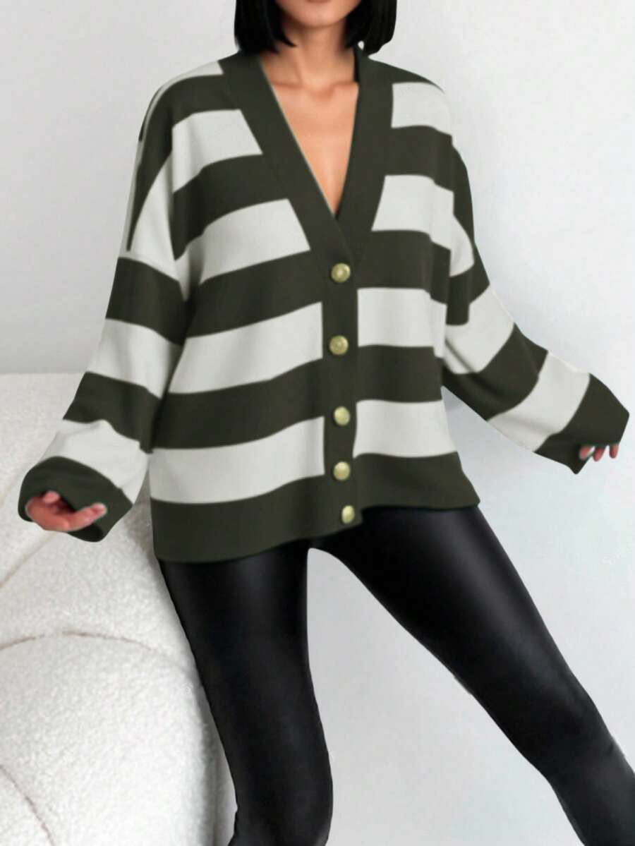 EURMUSE Women's Colorblock Wide Striped Long Sleeve Cardigan - Multicolor - View 1