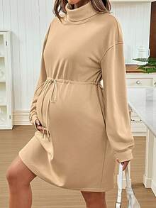 SHEIN Maternity Autumn Simple Solid Color High Neck Drawstring Waist Drop Shoulder Dress - Khaki - View 1