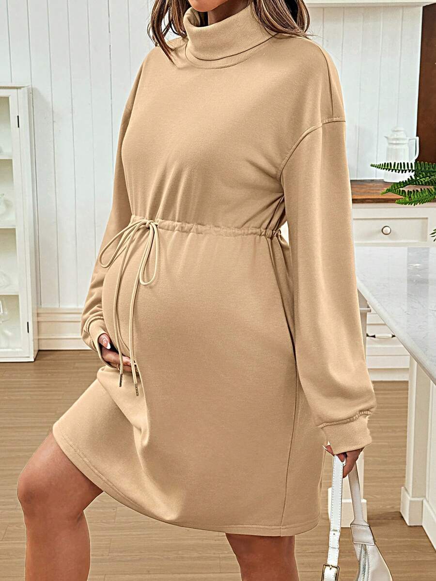 SHEIN Maternity Autumn Simple Solid Color High Neck Drawstring Waist Drop Shoulder Dress - Khaki - View 1