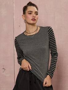 COUREZ 长袖露背条纹上衣 / Y2K 冬季女装外出上衣 灰色上衣 - 深灰色 - 查看 5