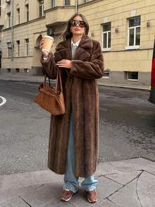 SHEIN BAE 复古棕色仿皮草大衣，秋冬 - 摩卡棕 - 查看 3