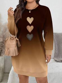 EMERY ROSE Thanksgiving Brown Ombre Heart Print Casual Minimalist Plus Size Sweatshirt, ,Spring - Multicolor - View 5