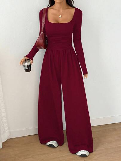 Flirla 1 peça macacão feminino com decote quadrado, cor sólida, elegante, manga comprida