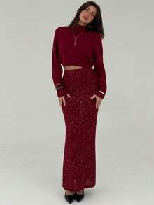 Aloruh Wine Red Stand Collar Loose Top + Wine Red Sequin Yarn Tight Extra Long Skirt