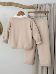 Blossori Young Girls' French Elegant Color Block Collar Button Front Knit Cardigan & Knit Pants Set - Khaki - View 2