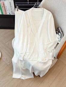 Regalyn 3pcs Plus Size Women Casual Elegant French Style Knit Cardigan, Top And Pants Set