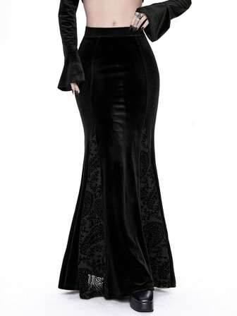 Breakform Goth Gothic Velvet Lace Dress Black Batcaver Women's Fashion Gothic Style Flocked & Mesh Patchwork Elastic Waist Bodycon Mini Skirt