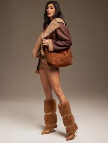 SHUZIA Giày bốt cao đến đầu gối mũi nhọn lông vũ quyến rũ dành cho nữ, ấm áp, thoải mái vào mùa đông - Lạc đà - Xem 3